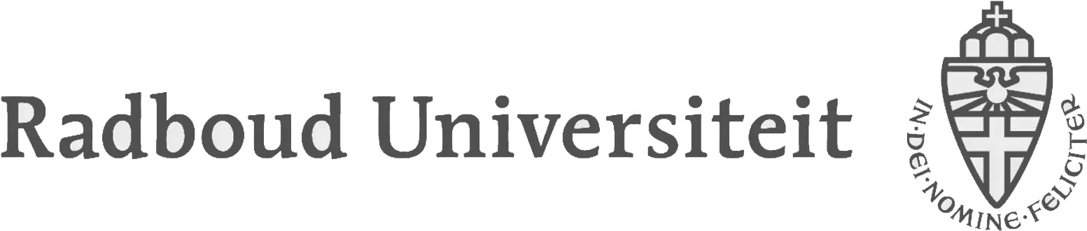 Radboud University logo with the university name in gray next to a shield emblem featuring a cross, a dove, a crown, and the Latin motto 'IN DEO NOMINE FELICITER'.
