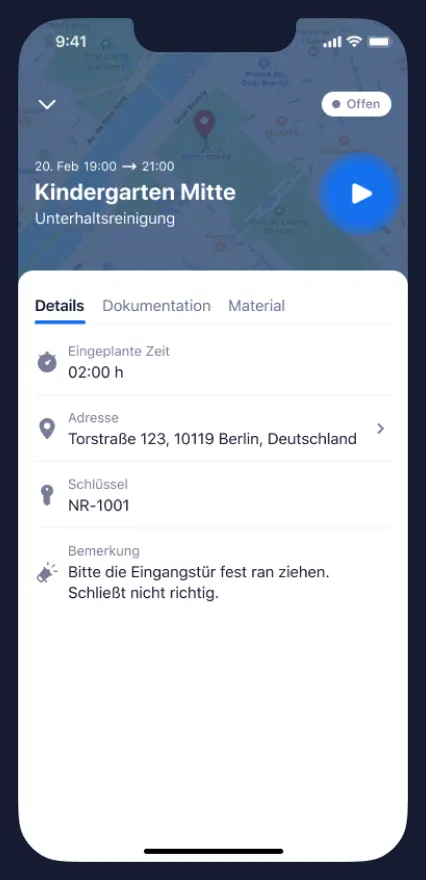 PlanD App: Einsatzdetails mit Adresse, Zeit und Bemerkung
