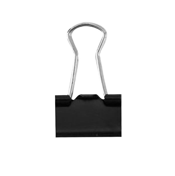 Black metal binder clip with silver wire handles, isolated on white background.