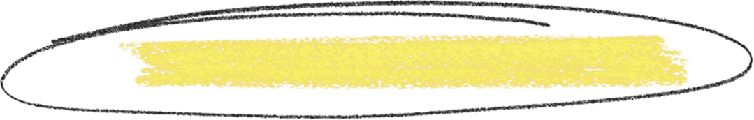 A horizontal yellow brushstroke with rough edges encircled by a thin, uneven black oval line on a transparent background.