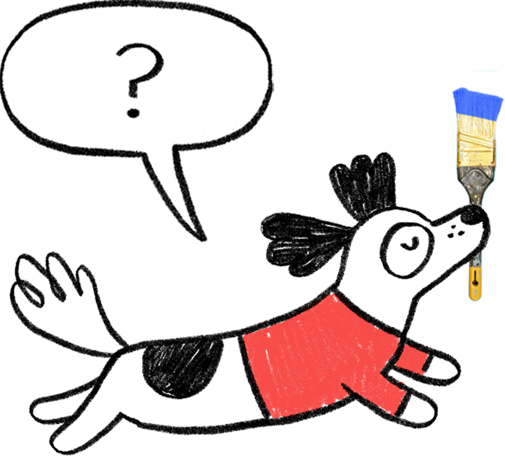 Illustrated dog carrying a paintbrush