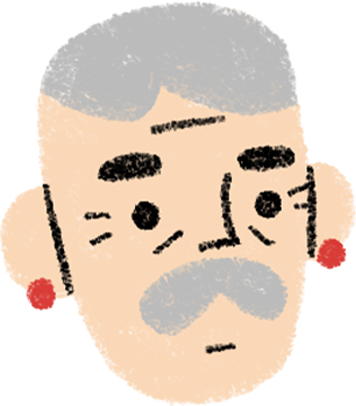 Abstract cartoon face with gray hair and mustache, red earrings, black eyebrows, eyes, and simple facial lines on a beige background.