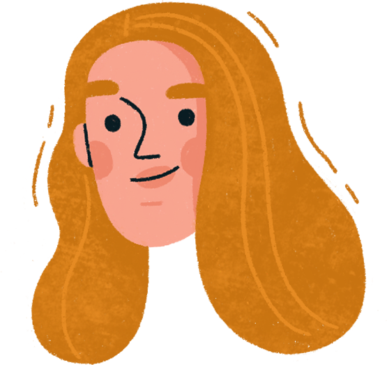 Illustration of a smiling face with long, wavy orange hair, light skin, and simple facial features in a flat, textured style.
