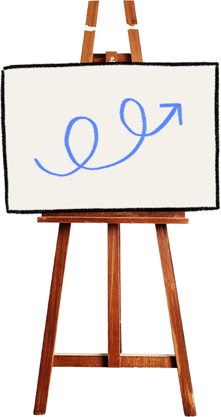 Wooden easel holding a canvas with a blue spiral arrow pointing upwards to the right.