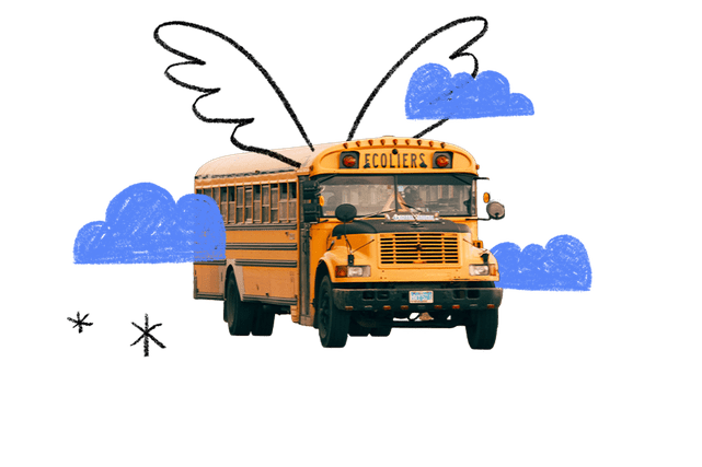 Yellow school bus with the word 'ECOLIERS' on the front, illustrated with black wings and surrounded by blue clouds and black star-like shapes.