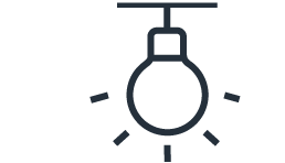 Icon of a light bulb hanging from a cord with small lines around it indicating it is turned on.