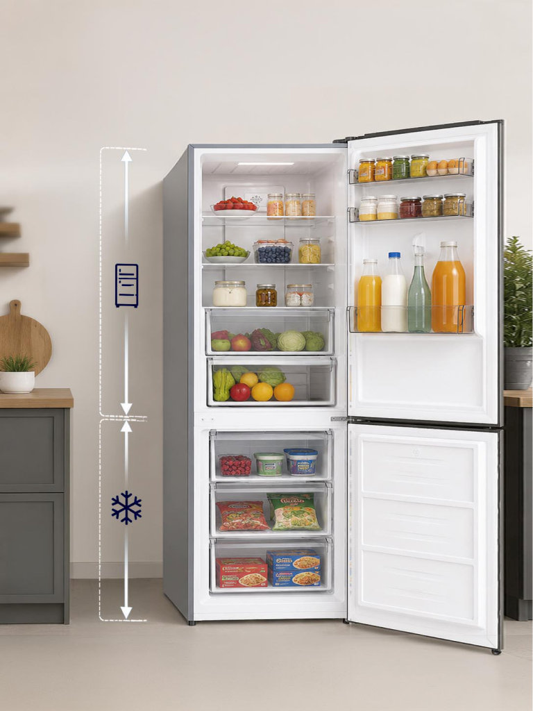 SABA 381L fridge freezer open, showing its storage capacity
