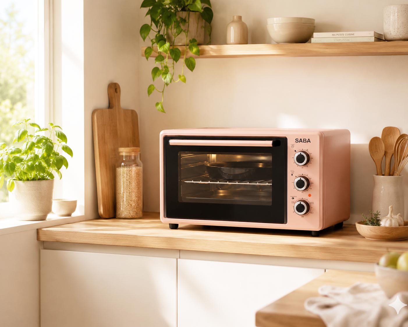 Rose gold SABA oven in a bright kitchen
