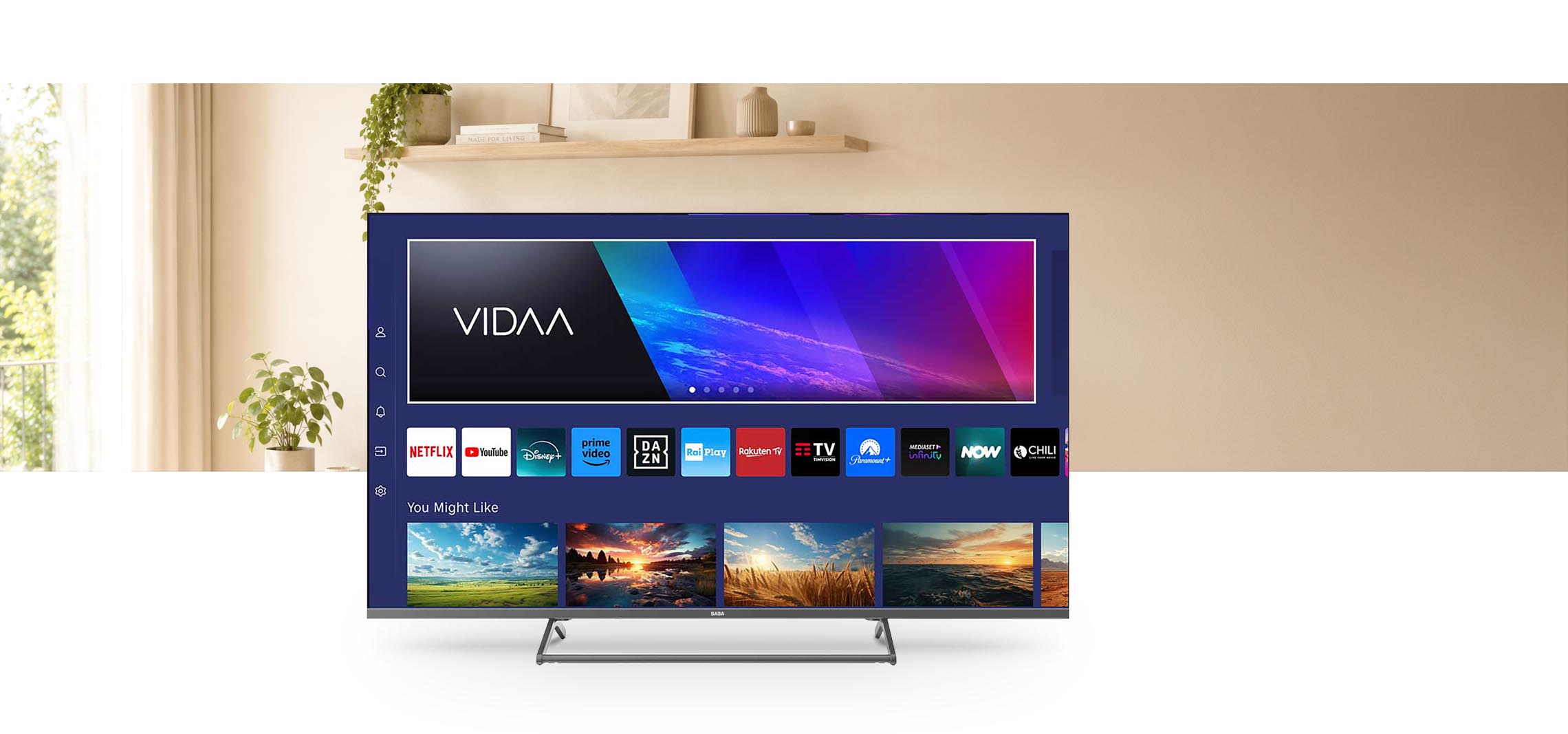 SABA Smart TV 75 inch with VIDAA interface in a living room