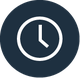 White clock icon showing 3:00 inside a dark circular background.