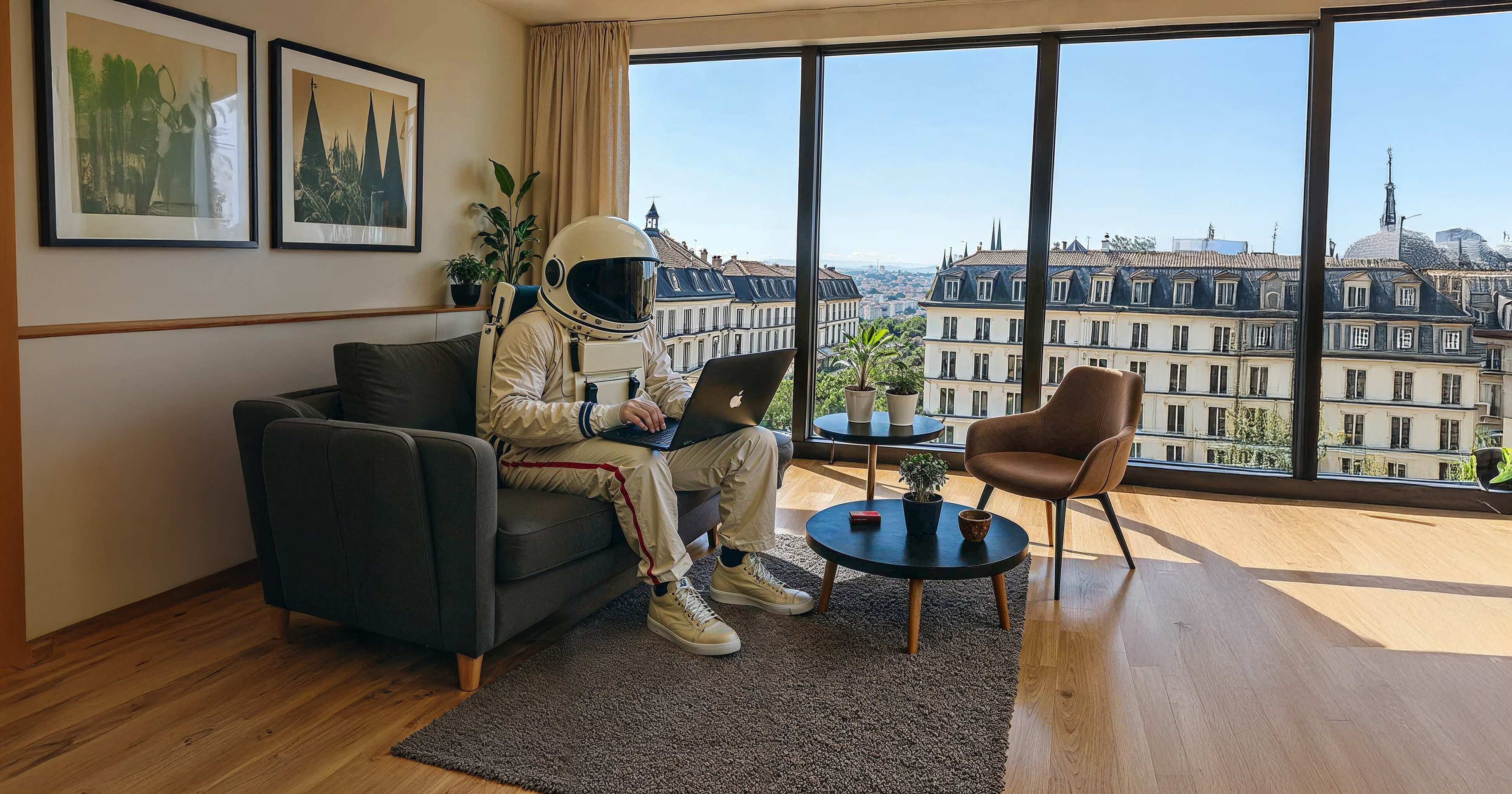 Astronaute sur un canapé avec vue sur Paris