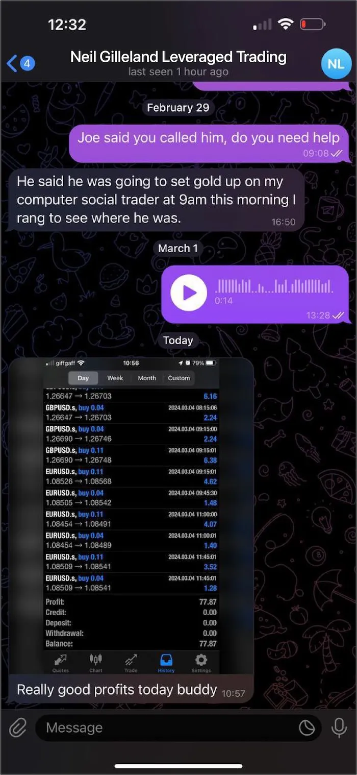 Screenshot of a WhatsApp chat titled 'Neil Gilleland Leveraged Trading' showing a conversation about setting gold up on a computer social trader, a 14-second voice message, and a trading history with multiple buy entries for GBPUSD and EURUSD pairs on 4 March 2024, listing profits and balances, followed by a message saying 'Really good profits today buddy'.