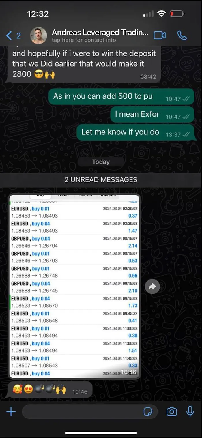 WhatsApp chat screen showing conversation about trading deposits and a screenshot of various forex trade transactions for EURUSD and GBPUSD pairs with buy orders, dates, times, prices, and profits, alongside emojis expressing excitement.