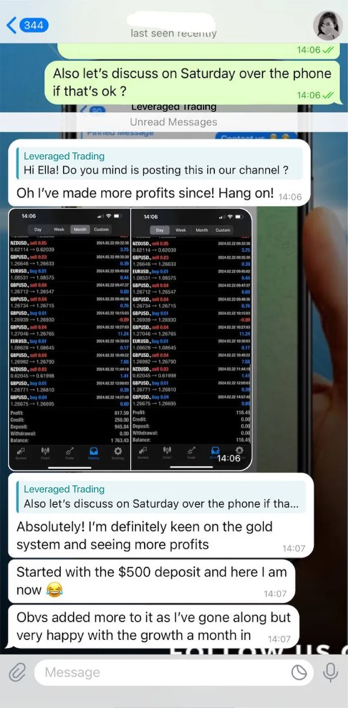 A mobile phone screen shows a messaging app with a conversation about leveraged trading profits, discussing a $500 deposit growing with success, mentioning phone discussion on Saturday and enthusiasm for a gold trading system, alongside screenshots of trading app profit and balance information.