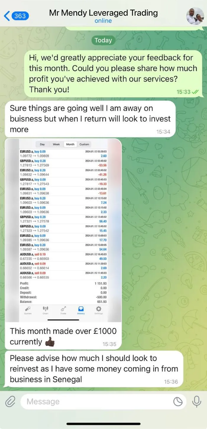 WhatsApp conversation from Mr Mendy Leveraged Trading asking for feedback and profit details; reply says business is good and plans to invest more. Screenshot of trading profits shows £1,151.93 profit with trades in EURUSD, GBPUSD, and AUDUSD pairs. The user states 'This month made over £1000 currently' and asks advice on reinvestment amount due to incoming business funds from Senegal.