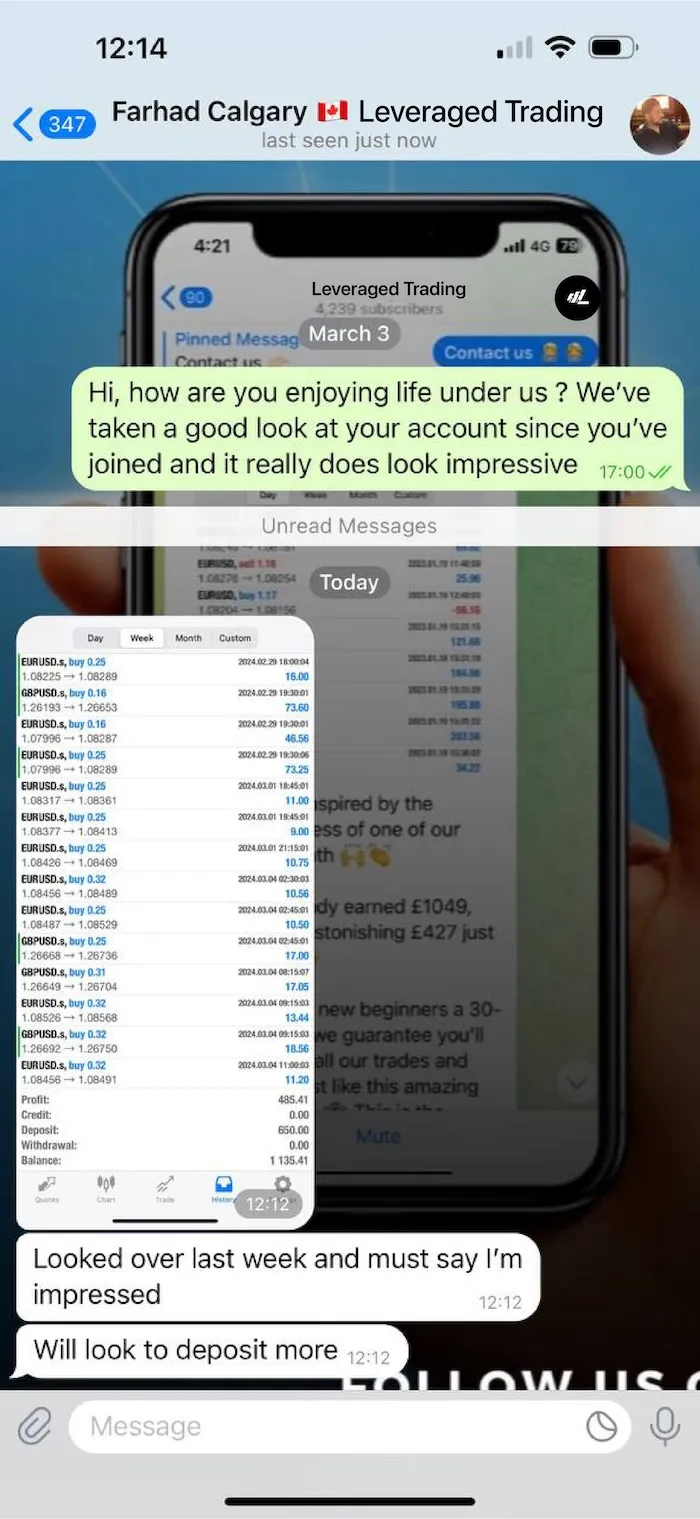 Screenshot of a WhatsApp chat with Farhad Calgary about leveraged trading showing positive messages and trading activity, including a screenshot of various EUR/USD and GBP/USD buy transactions with profits and a balance summary. The conversation includes compliments on the account's performance and intentions to deposit more funds.