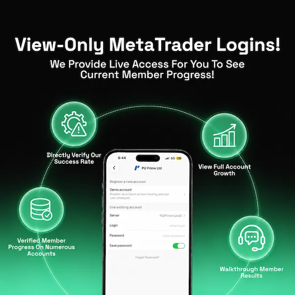 Advertisement featuring a smartphone screen with MetaTrader login interface surrounded by icons and text highlighting features: Directly verify success rate, View full account growth, Verified member progress on numerous accounts, and Walkthrough member results, set against a dark background with green gradient.