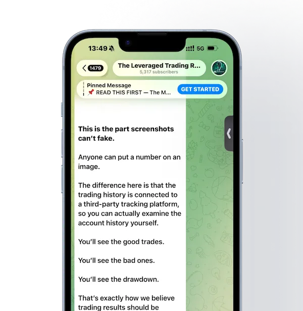 Smartphone screen showing a Telegram group chat named 'The Leveraged Trading R...' with 5,317 subscribers. The pinned message highlights the reliability of trading history screenshots linked to a third-party platform to verify trades, including good trades, bad trades, and drawdowns.