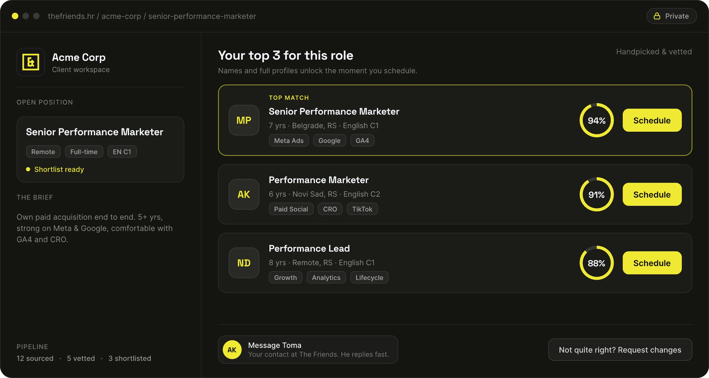 Your private page: shortlist of three matched specialists