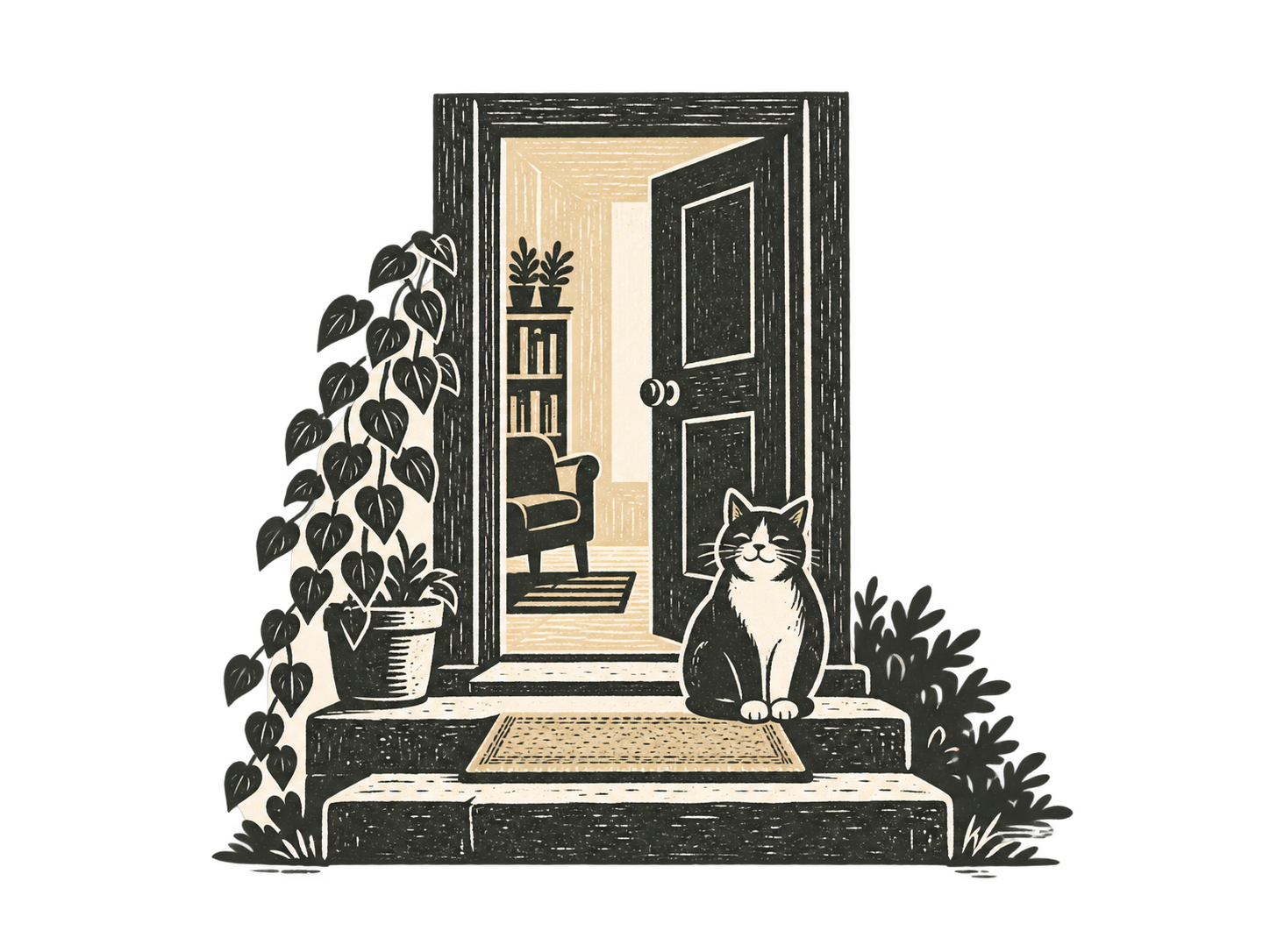 An open door, warm light, and a friendly cat waiting on the step.