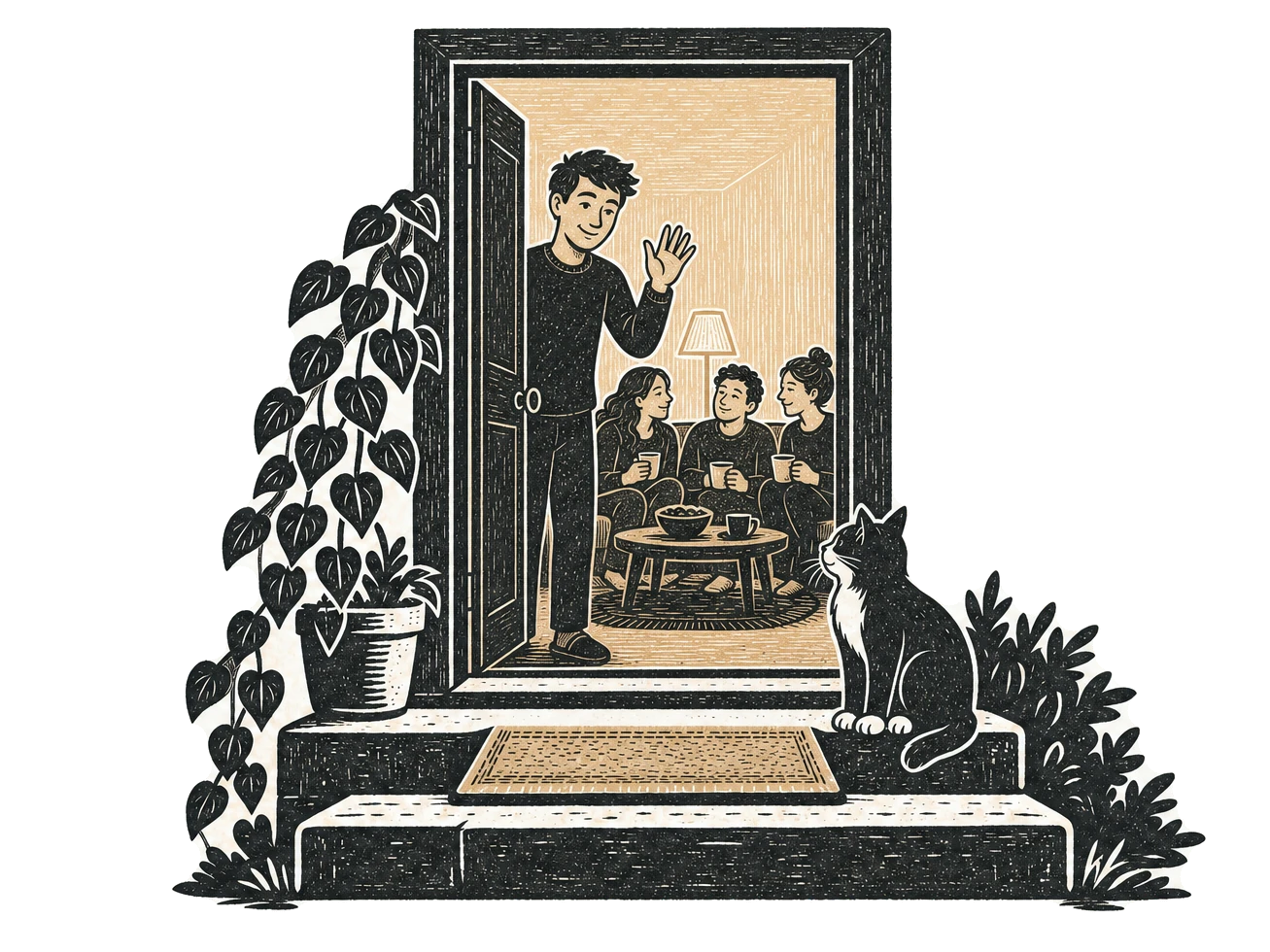 A friend waves hello from an open front door while others laugh on the sofa inside; a cat waits on the step.