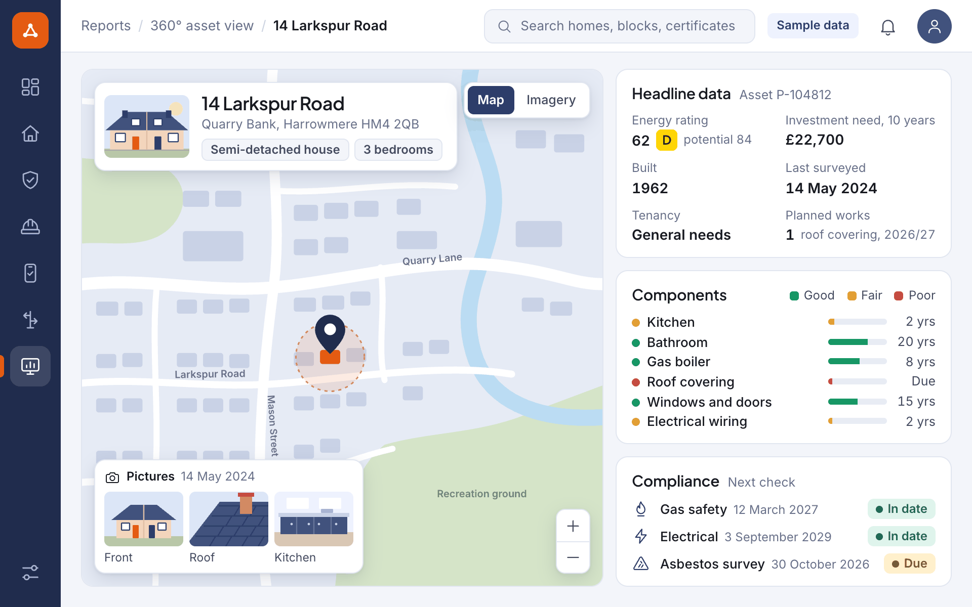 Illustrative screen: the 360° view of one home, with a map, pictures, headline data, the condition of its components and its compliance checks, for a sample home