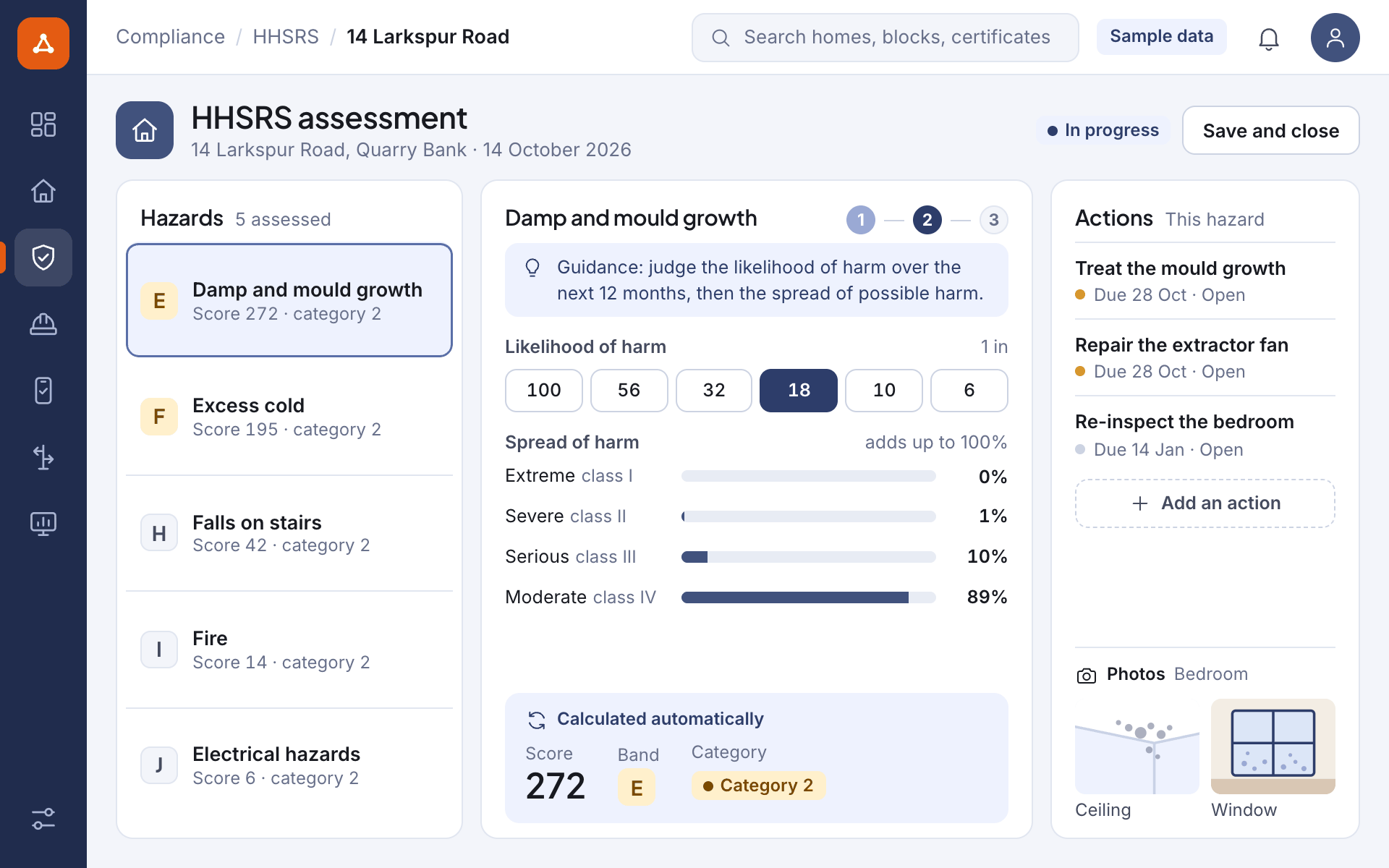 Illustrative screen: a guided HHSRS assessment of one home, with the hazards assessed, the likelihood and spread of harm entered for one hazard, the score and band calculated from them and the actions that follow, for a sample home