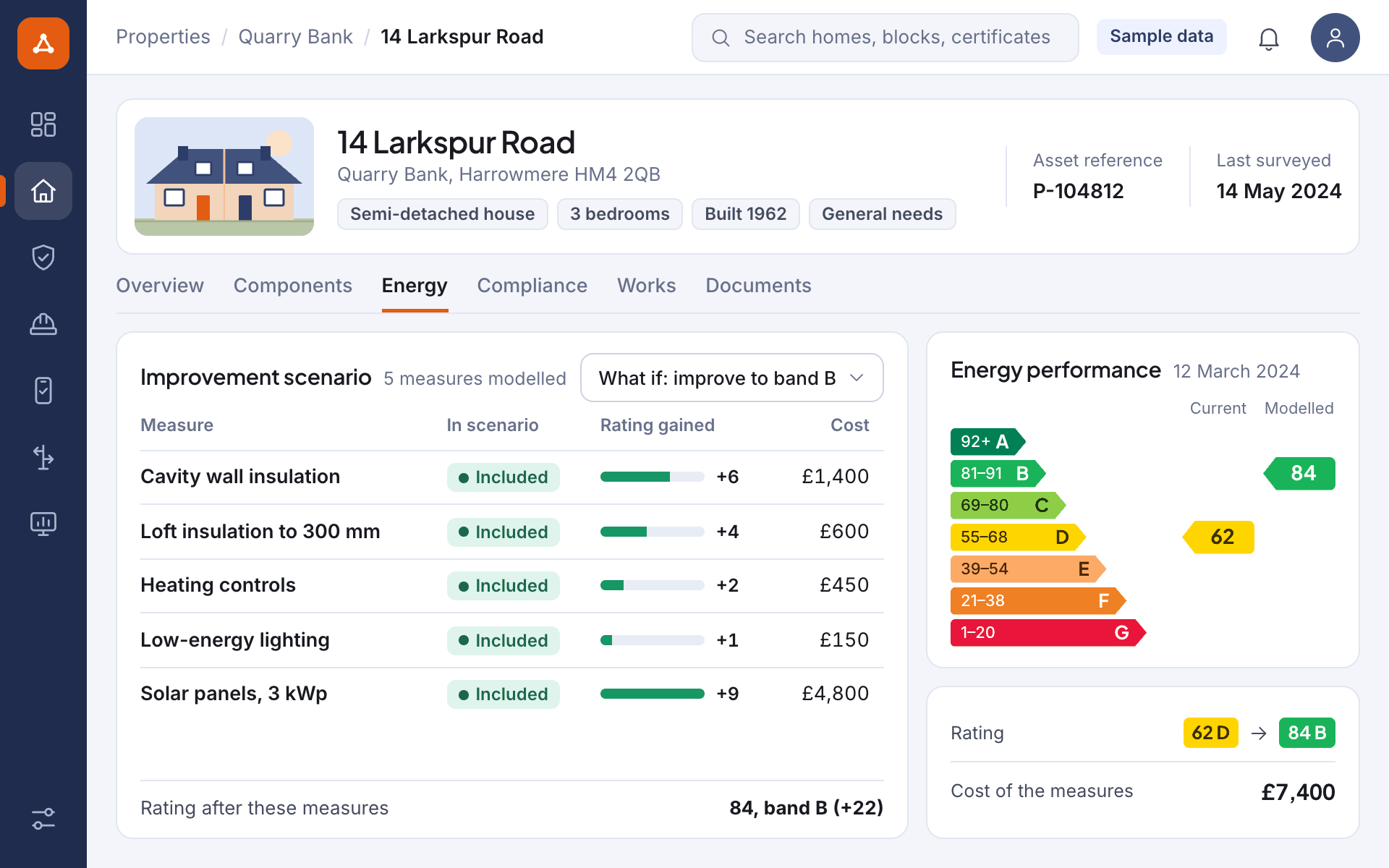 Illustrative screen: the energy record of one home, with its current rating, a set of modelled improvements with the points and the cost of each, and the rating the home would have after them, for a sample home