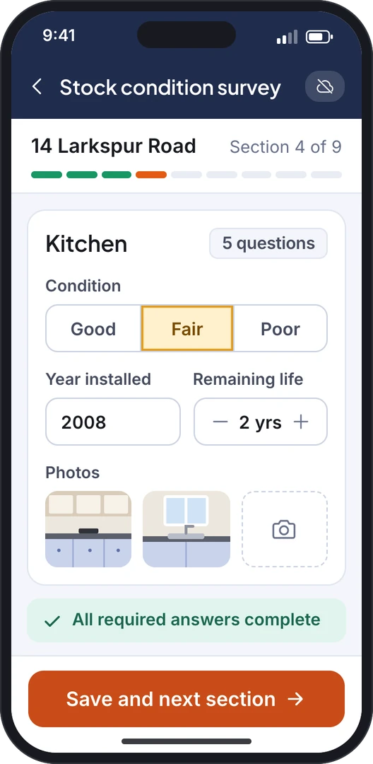 Illustrative screen: a stock condition survey on a phone, recording the condition, age and remaining life of a kitchen, with photos