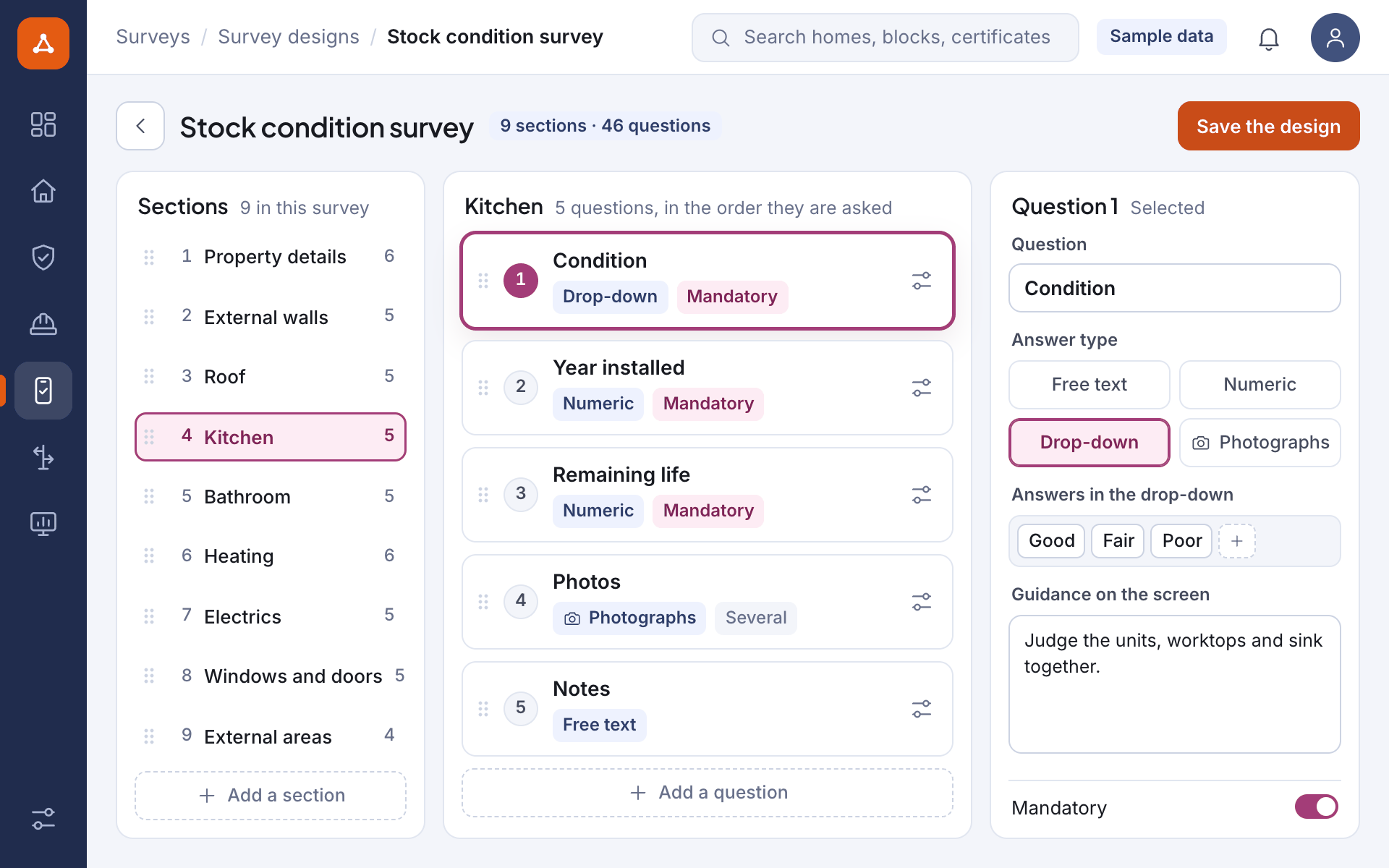 Illustrative screen: a survey being designed, with its sections, the questions of one section in the order they are asked, and the answer type, guidance and mandatory setting of one question, sample data