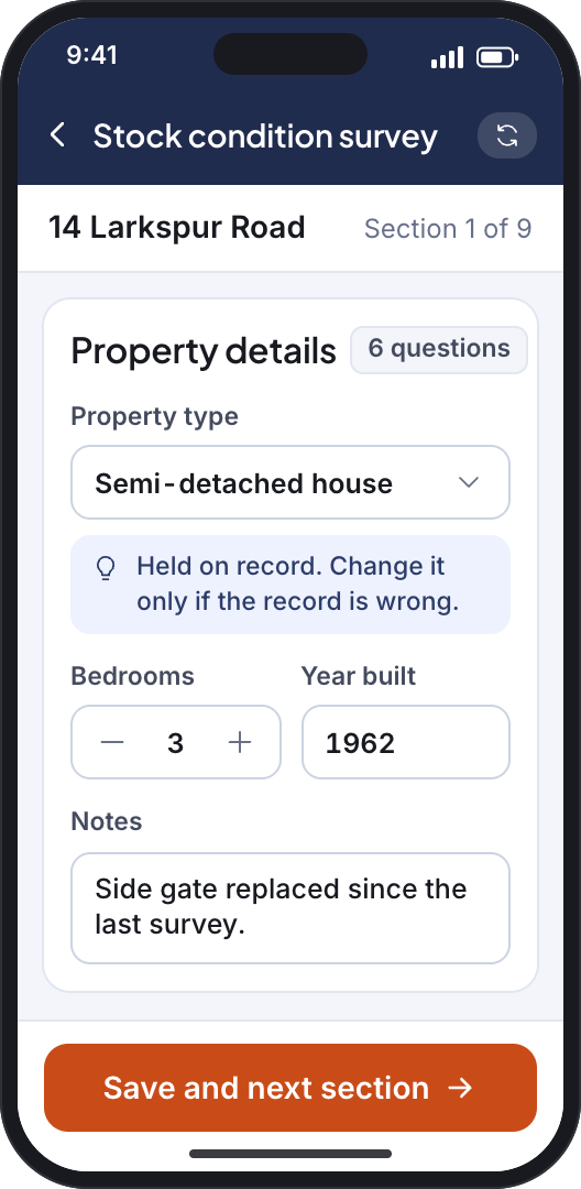 Illustrative screen: two phones in a survey, one with a drop-down, numeric and free text answers and guidance on the screen, one with a missed mandatory question highlighted, for a sample home