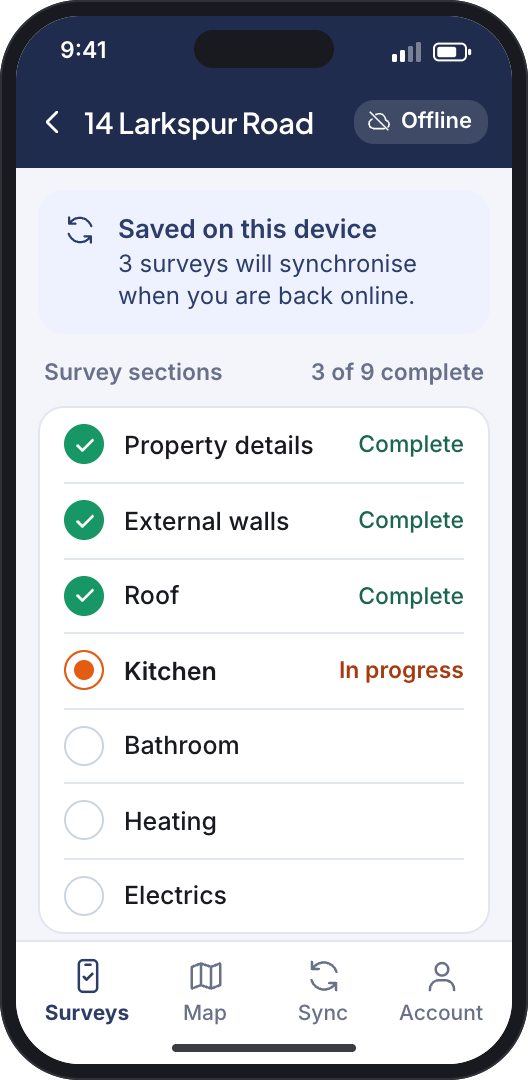 Illustrative screen: two phones, one offline with a survey saved on the device, one back online with three surveys synchronised automatically, for a sample home