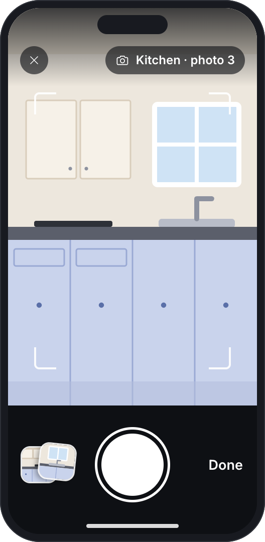Illustrative screen: two phones in a survey, one taking a photograph of a kitchen, one showing three photographs attached to the question, for a sample home