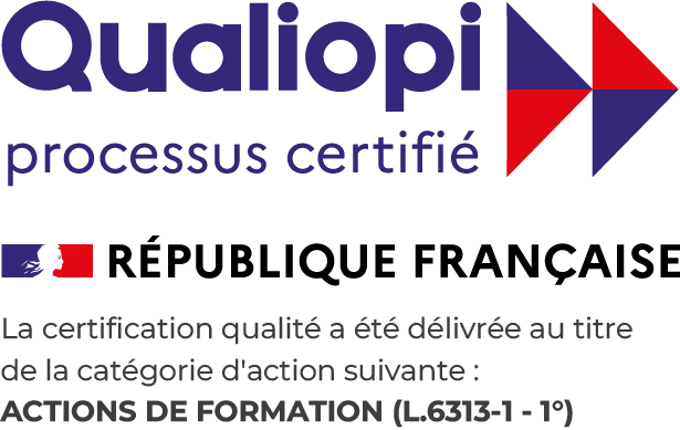 Qualiopi, processus certifié. République française. La certification qualité a été délivrée au titre de la catégorie d'action suivante : actions de formation (L.6313-1, 1°)