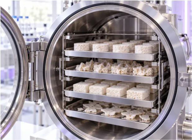 Freeze-drying chamber with biomaterial samples
