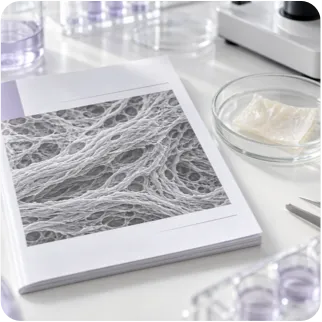 Tissue micrograph booklet beside a biomaterial sample