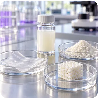 Biomaterial samples in petri dishes and a vial