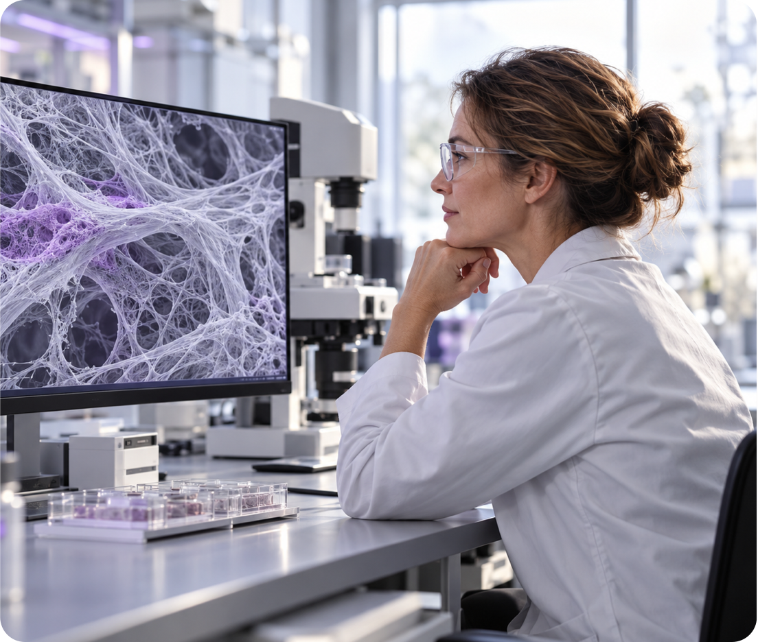 Scientist examining a biomaterial micrograph on a laboratory monitor