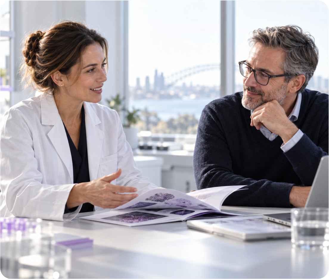 Scientist and customer discussing biomaterial research in a laboratory