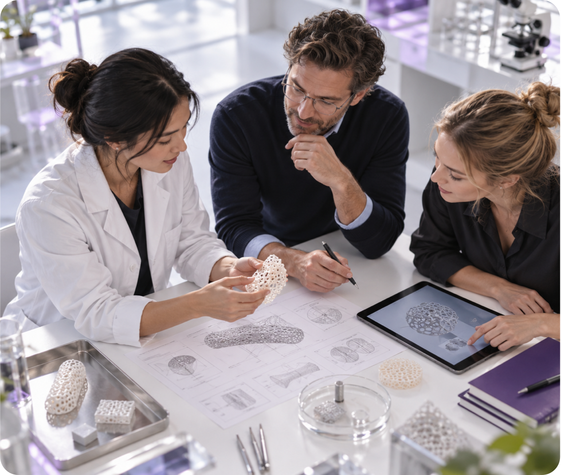 Scientist and partners reviewing biomaterial prototypes and development plans