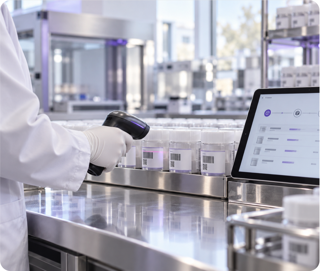 Laboratory technician scanning barcoded material containers for traceability