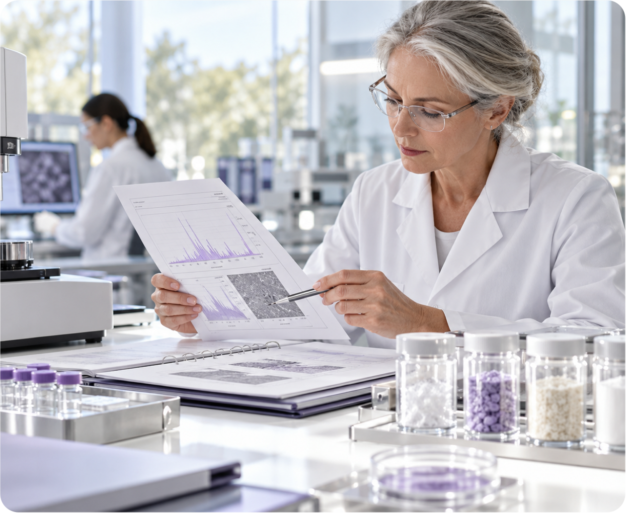 Scientist reviewing biomaterial analysis results in a laboratory