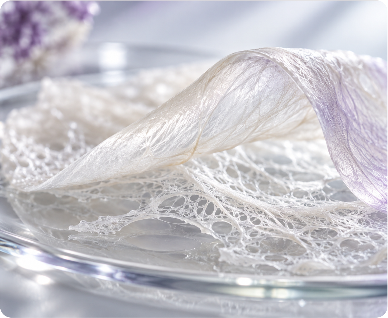 Naturally derived fibrous biomaterial on a laboratory dish