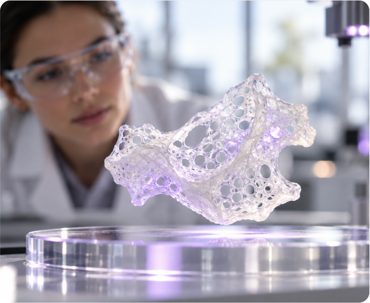 Scientist examining an advanced biomaterial scaffold