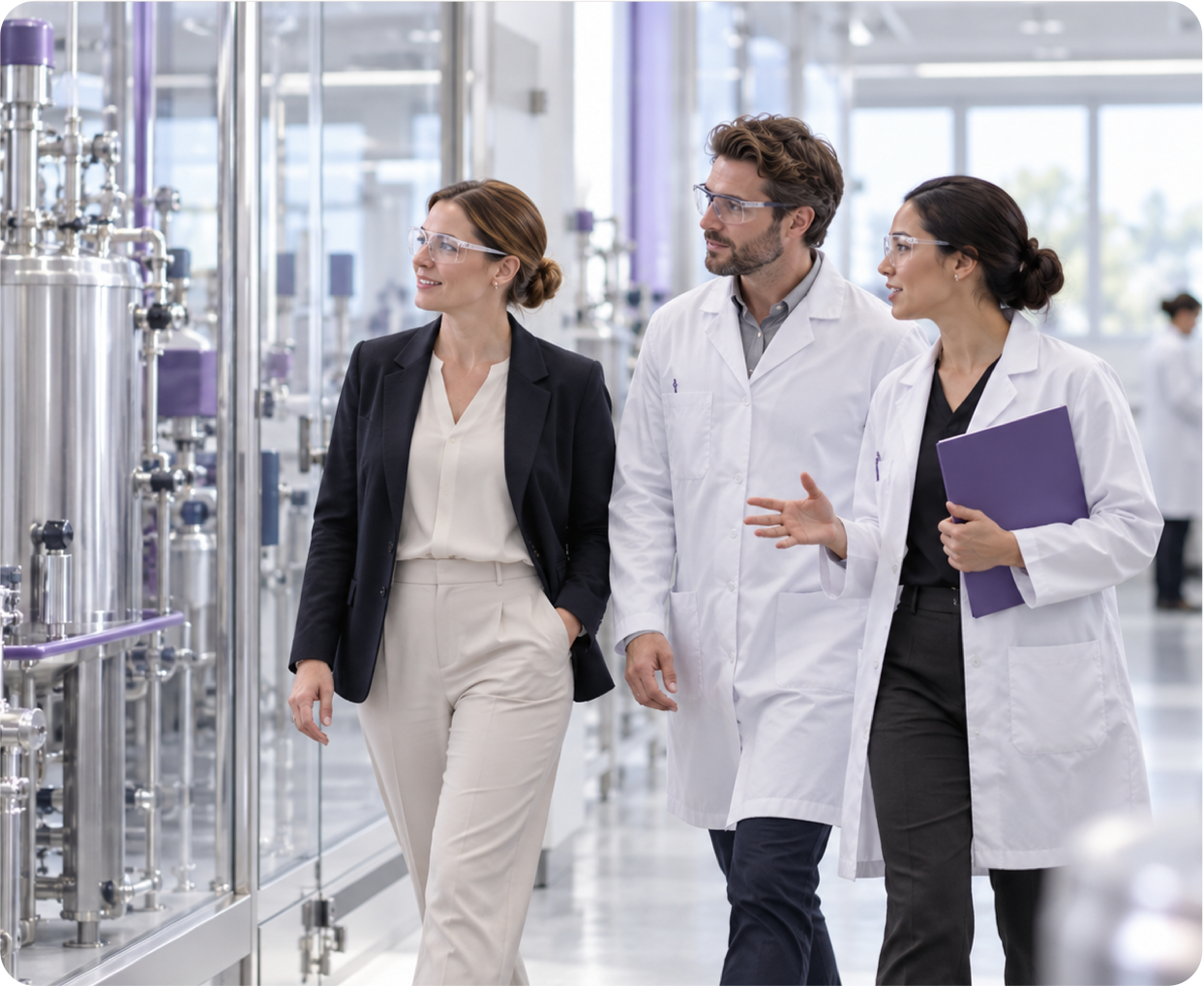 Customer and scientists discussing biomaterials at a production facility