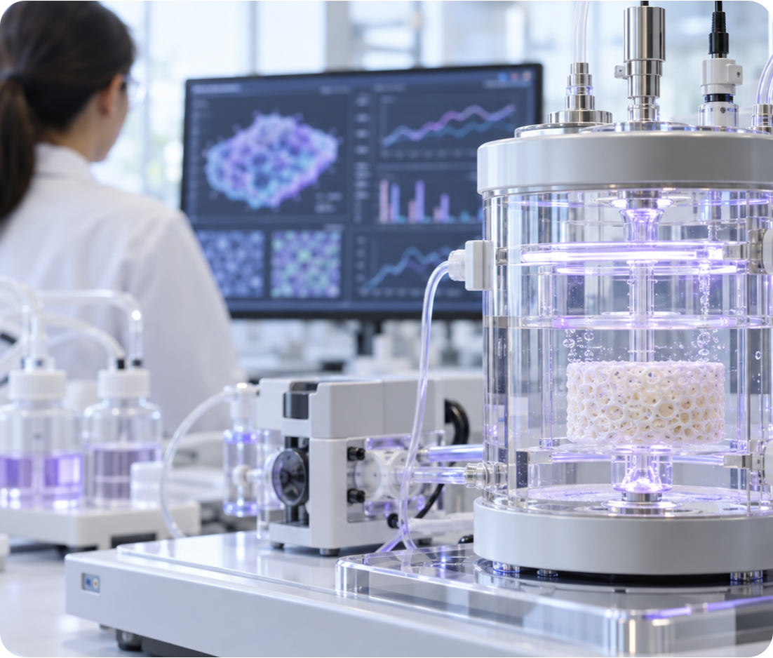 Biomaterial scaffold in a laboratory reactor during feasibility and development