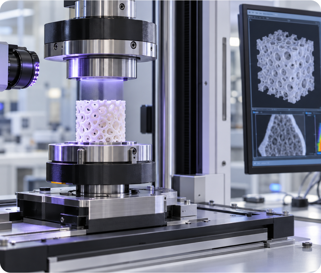 Biomaterial scaffold undergoing mechanical testing and characterisation