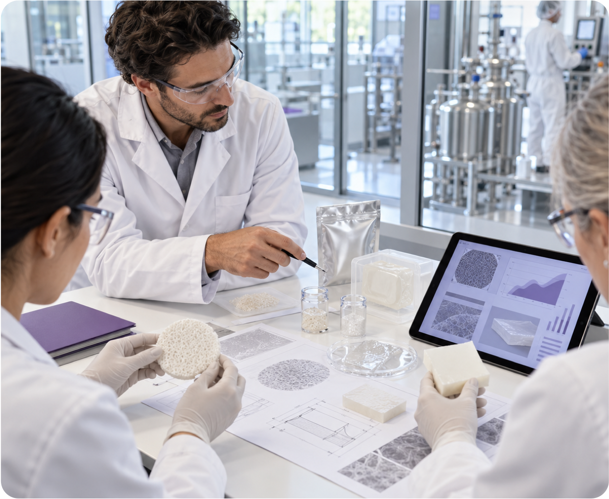Customer and scientists discussing a tailored biomaterial development pathway