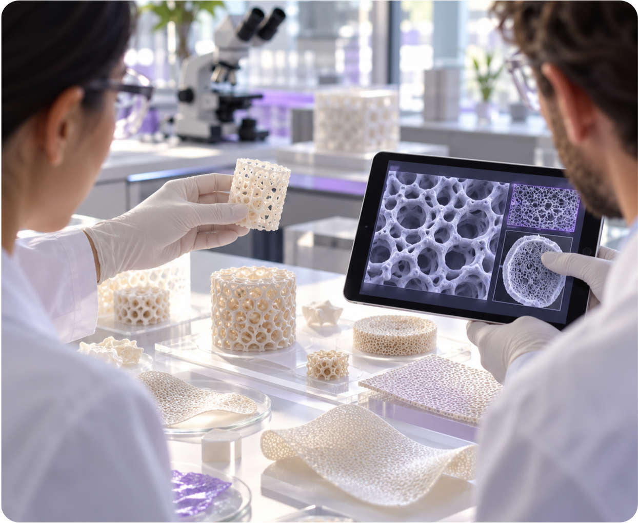 Scientists reviewing biomaterial scaffolds and development imagery