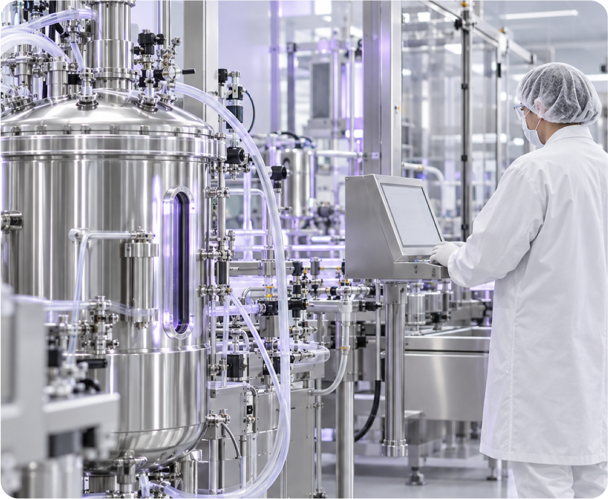 Technician operating controlled biomaterial manufacturing equipment